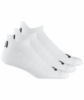A set of three white ankle socks with a simple design, each featuring black stripes at the heel and a small black logo near the toe area. The AD046 by adidas are neatly arranged in a row, side by side.