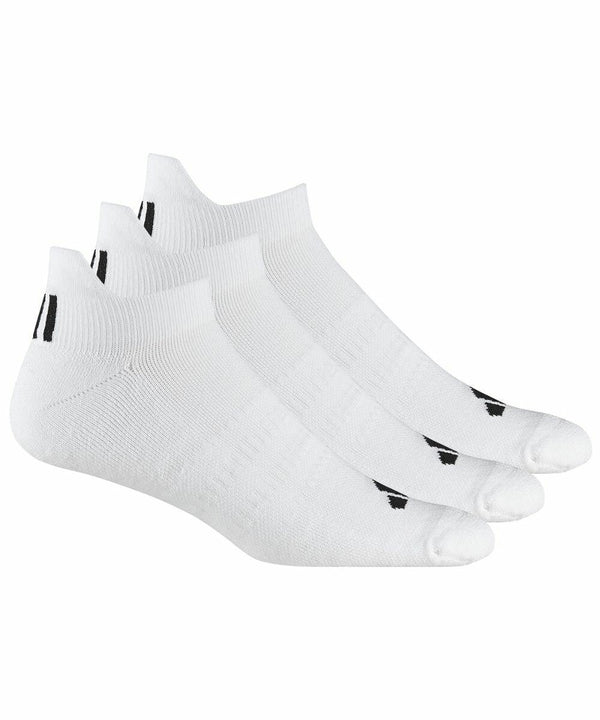 A set of three white ankle socks with a simple design, each featuring black stripes at the heel and a small black logo near the toe area. The AD046 by adidas are neatly arranged in a row, side by side.