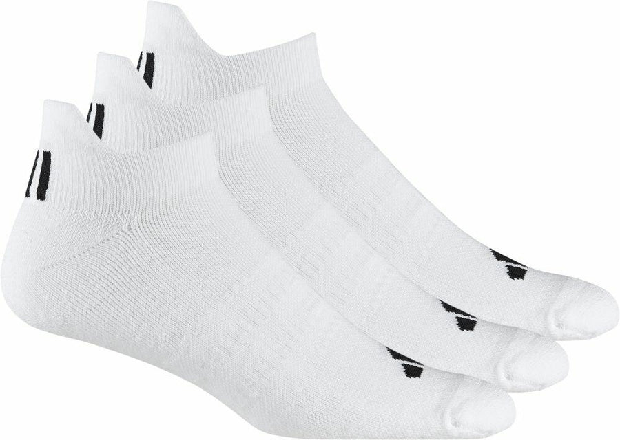Three pairs of adidas AD046 white ankle socks with black logo accents.