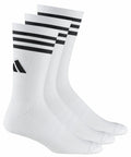 A set of three white socks with black stripes near the top and a black geometric logo on the side. The socks have a ribbed texture and are displayed at a slight angle, showing the side view. The product is called AD047 from adidas.