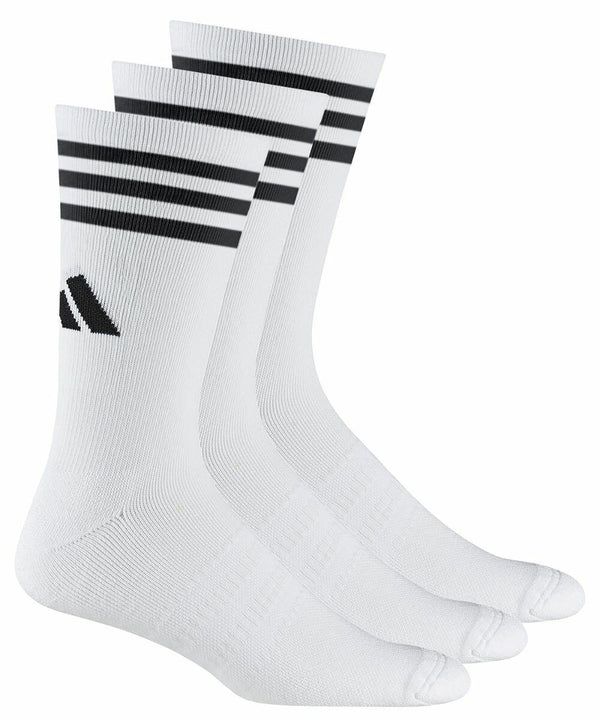 A set of three white socks with black stripes near the top and a black geometric logo on the side. The socks have a ribbed texture and are displayed at a slight angle, showing the side view. The product is called AD047 from adidas.