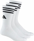 Three pairs of AD047 adidas white athletic socks, featuring black stripes and the logo on the cuffs, are arranged in a row.