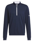The Sports Over-tops features a navy blue, long-sleeve design with a white quarter-zip, stand-up collar, and Adidas logo on the left sleeve. It has a smooth, fitted material and is shown against a plain white background.