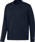 A plain, long-sleeve crewneck sweatshirt in dark navy blue from Adidas, featuring a small logo on the lower left sleeve and made of smooth, medium-weight fabric. Product: Sweatshirts.