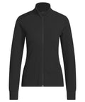 A black jacket's long-sleeved zip-up jacket with a stand collar and two side pockets, shown on a plain white background.