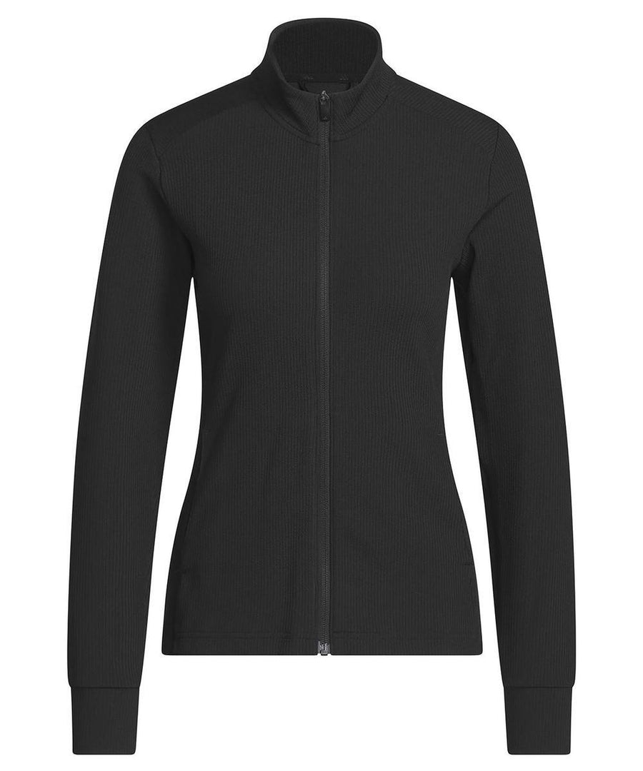 A black jacket's long-sleeved zip-up jacket with a stand collar and two side pockets, shown on a plain white background.