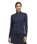 A woman faces forwards against a plain white background, wearing the adidas Women’s Performance Texture Full-Zip Jacket in navy blue.
