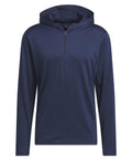 A navy blue, long-sleeve hooded pullover with a plain design and a quarter-zip front, featuring a hood, displayed on a white background.