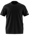 A black short-sleeve T-shirt with a round neckline and a small white Adidas logo on the left sleeve, shown against a white background.