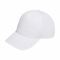 The AD082 by adidas is a classic white baseball cap featuring a curved brim and six panels. The cap is presented from an angled side perspective, highlighting its rounded top and structured design.