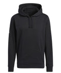 The adidas fleece hoodie features a plain black design with a front pocket and drawstrings, displayed against a white background.