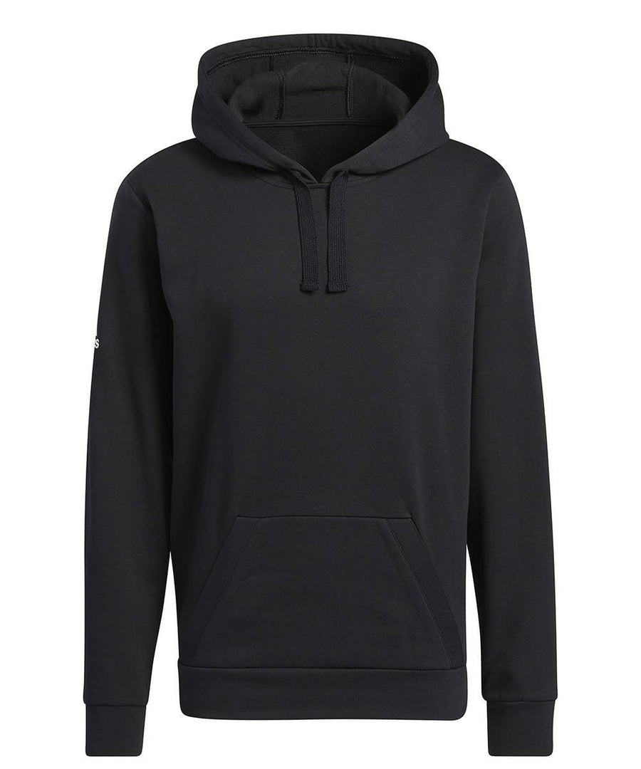 The adidas fleece hoodie features a plain black design with a front pocket and drawstrings, displayed against a white background.
