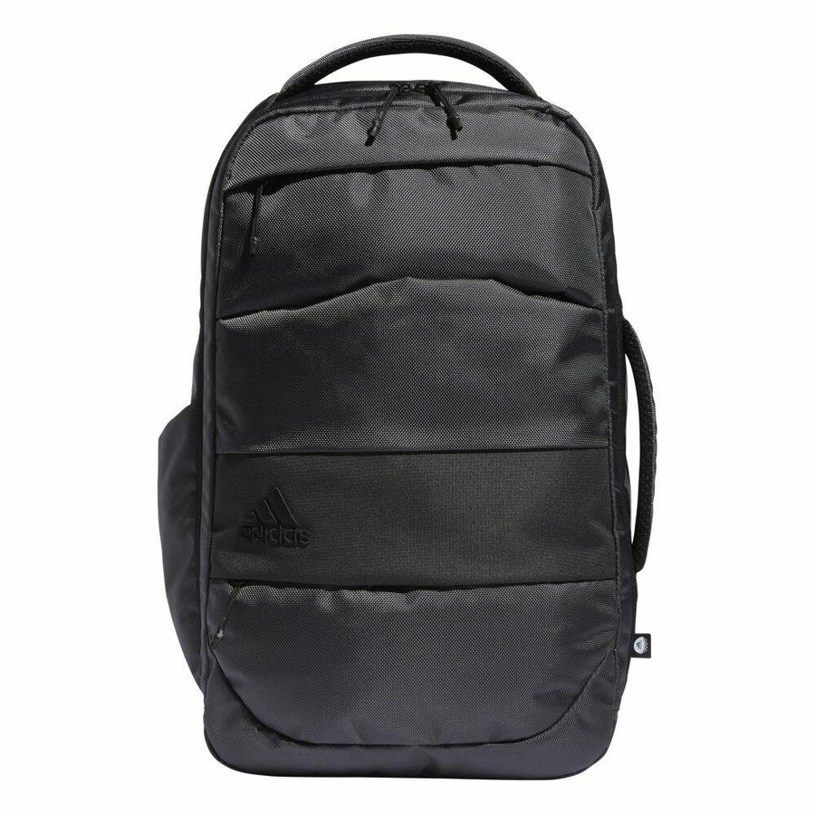 AD192 is a black adidas backpack featuring multiple compartments and a top handle.