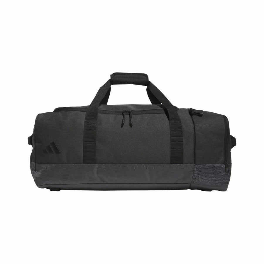 adidas AD195 duffel bag in black and gray with two handles and a zipper closure.