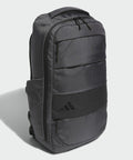 A black adidas AD196 backpack with multiple zippered compartments and a top handle against a white background.