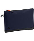 A rectangular navy blue Bags pouch features a black bottom edge, a small black corner logo, and an orange zip pull tab, displayed on a white background.