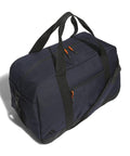 The adidas Duffle is a navy blue bag with black handles and a shoulder strap, orange zip pulls, and a small logo in the corner, shown on a white background.