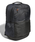 The adidas Rucksack is black and dark grey with a top handle, front and side zippered pockets, and a mesh side pocket, displayed against a white background.