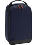 A navy blue rectangular Adidas bag with black handle, sides, and bottom, featuring two orange zip pulls and a small black Adidas logo on the bottom corner.
