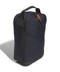 The adidas Shoe bag is a dark navy rectangular bag with a black handle and zip, an orange zip pull, and a subtle black adidas logo near the bottom corner. It stands upright on a white background.