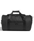 The Bags duffel bag is black with two carrying handles, a side pocket, and a front zip pocket. It features a small front logo and boasts a sleek, simple design.