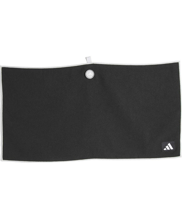 The adidas Players towel is rectangular and black with a grey border, features a small loop with a metal ring at the top centre, and has a white adidas logo in one corner.