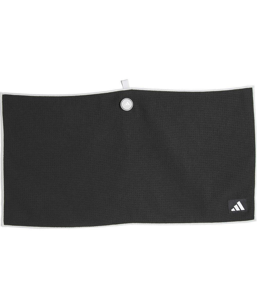The adidas Players towel is rectangular and black with a grey border, features a small loop with a metal ring at the top centre, and has a white adidas logo in one corner.