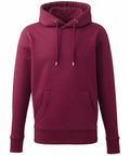The Anthem AM001 maroon hooded sweatshirt, featuring long sleeves, drawstrings, and a front pocket, is displayed against a plain white background.