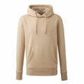 Introducing the Anthem AM001: a stylish beige hoodie featuring a front pocket and drawstring hood, elegantly showcased against a white background.