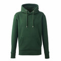 The Anthem AM001 green hoodie is showcased against a white background. This plain sweatshirt includes a front pocket, drawstrings, and features ribbed cuffs and hem.