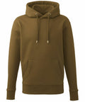 A plain brown hoodie, model AM001 by Anthem, featuring a front pocket and adjustable drawstrings. The hoodie is showcased against a white background.