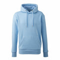 The Anthem AM001 hoodie is a plain light blue design featuring a front pocket and drawstring hood, showcased against a white background.