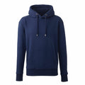 The Anthem AM001 is a plain navy blue hoodie featuring long sleeves and a front pocket. The hood includes two drawstrings, and the material looks soft and comfortable. It is presented against a white background.