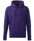 The AM001 hoodie by Anthem is presented on a plain background, showcasing its vibrant purple color. The design includes a front pocket and drawstrings.