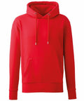 A vibrant red AM001 hoodie by Anthem features a front pocket and adjustable drawstrings on the hood, showcased against a plain white background.