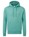 The Anthem AM001 hoodie is showcased on a white backdrop. This teal hoodie includes a front pocket, drawstrings, and a hood. The fabric looks soft and comfortable, making it ideal for casual wear.