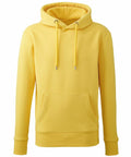 The Anthem AM001 hoodie, featuring a vibrant yellow color, front pocket, and drawstring hood, is showcased against a plain white background. Its design is simple and casual.