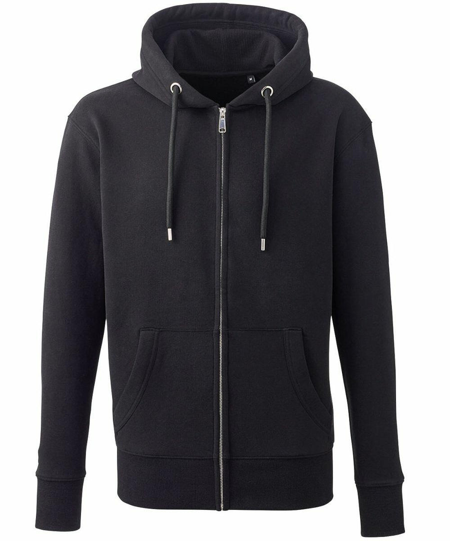Anthem's AM002 features a black zip-up hoodie design with drawstrings and convenient front pockets.