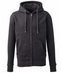 A black zip-up Anthem hoodie, model AM002, with a hood, front pockets, and drawstrings displayed on a plain white background.