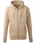 Anthem's AM002 is a beige zip-up hoodie featuring front pockets and a drawstring-adjustable hood. Its simple and casual design makes it ideal for everyday wear, while the material appears soft and comfortable.