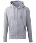 The AM002 by Anthem is a light gray zip-up hoodie featuring a front zipper, hood with drawstrings, and two front pockets. Made from soft and comfortable fabric, it's perfect for casual wear.