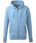 Light blue AM002 zip-up hoodie by Anthem, complete with a hood and drawstrings. This comfortable piece features long sleeves and two front pockets, making it ideal for casual wear.