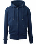 The Anthem AM002 hoodie, featured in navy blue, showcases a front zipper, drawstring hood, and two front pockets. The fabric looks soft and comfortable.