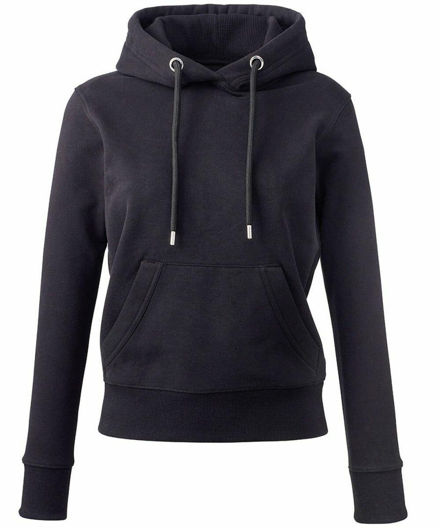 An Anthem branded sweatshirt, model AM003, in black, featuring a hood with drawstrings and a front pocket.