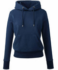 The AM003 by Anthem is a navy blue hoodie featuring a front pocket and drawstring hood, displayed on a white background to highlight its simple, casual design.