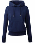 The AM003 hoodie from Anthem is a blue design featuring drawstrings, a front pocket, long sleeves, and a ribbed hem. It is showcased against a plain white background.