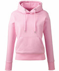 The AM003 is a pink hooded sweatshirt by Anthem, featuring a front pocket and drawstring hood. Displayed against a white background, this sweatshirt highlights its soft, casual design.