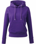 A cozy and soft purple hoodie by Anthem (Product Name: AM003) features a front pocket, adjustable drawstrings, and long sleeves. The hood is up, making it perfect for a comfortable and casual everyday look.