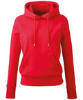 Anthem's AM003 hoodie features a soft red fabric with a drawstring hood and a front kangaroo pocket. It also has ribbed cuffs and hem, all displayed against a white background.