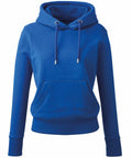 An Anthem AM003 hoodie in plain blue, featuring a front pocket and drawstring hood, showcased against a white background.